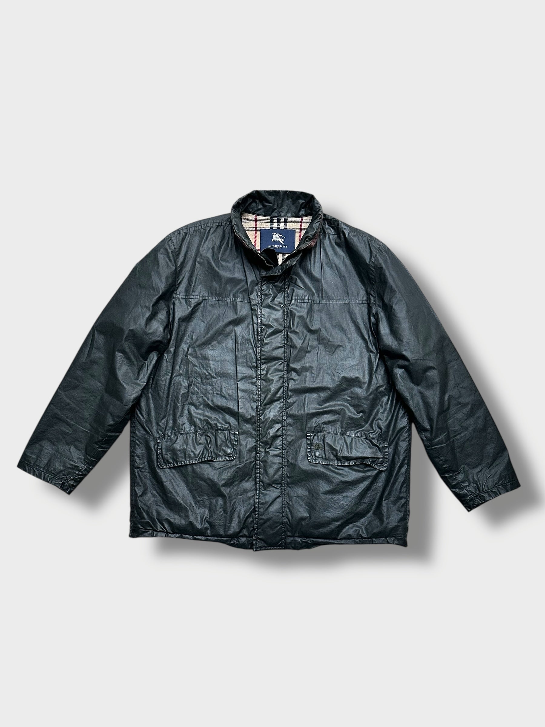 Vintage Burberry’s Wax Jacket – dunkelgrüne gewachste Jacke mit Karo-Futter, Grösse XL