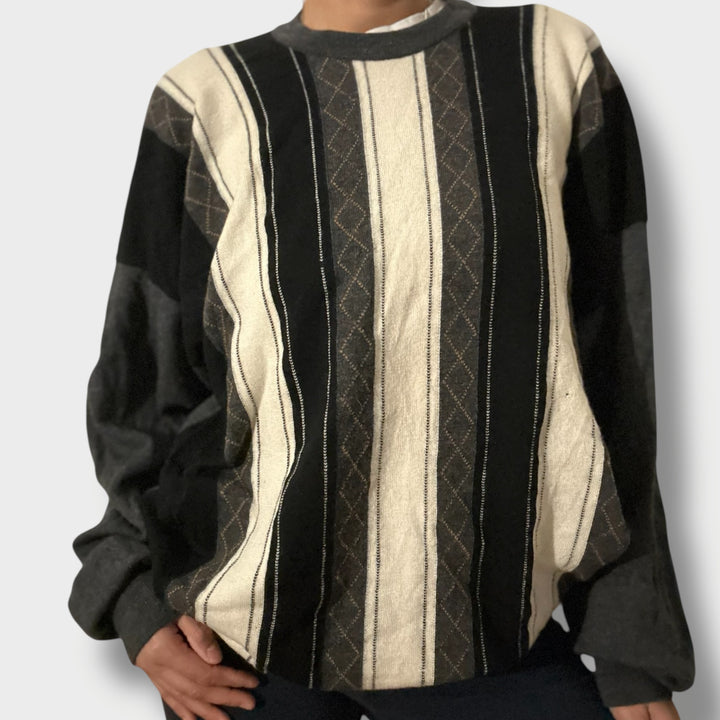 Vintage 90s Strickpullover im Coogi Style, schwarz-beige gestreift, Grösse L