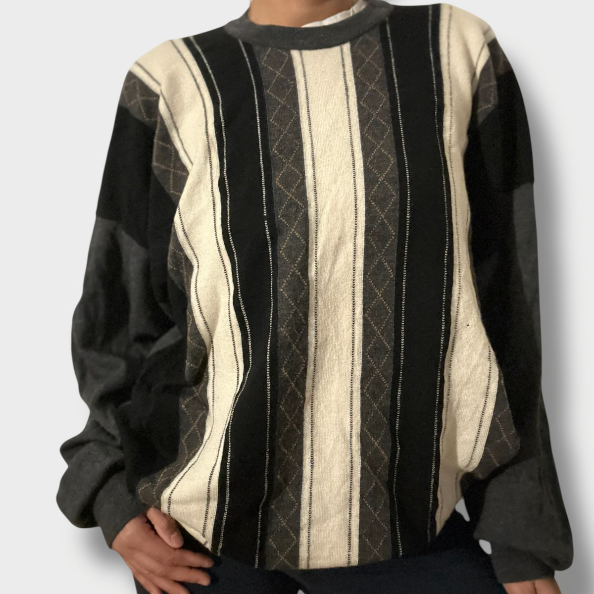 Vintage 90s Strickpullover im Coogi Style, schwarz-beige gestreift, Grösse L