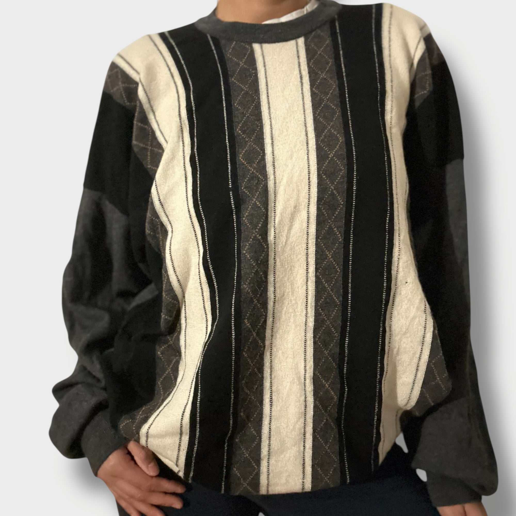 Vintage 90s Strickpullover im Coogi Style, schwarz-beige gestreift, Grösse L