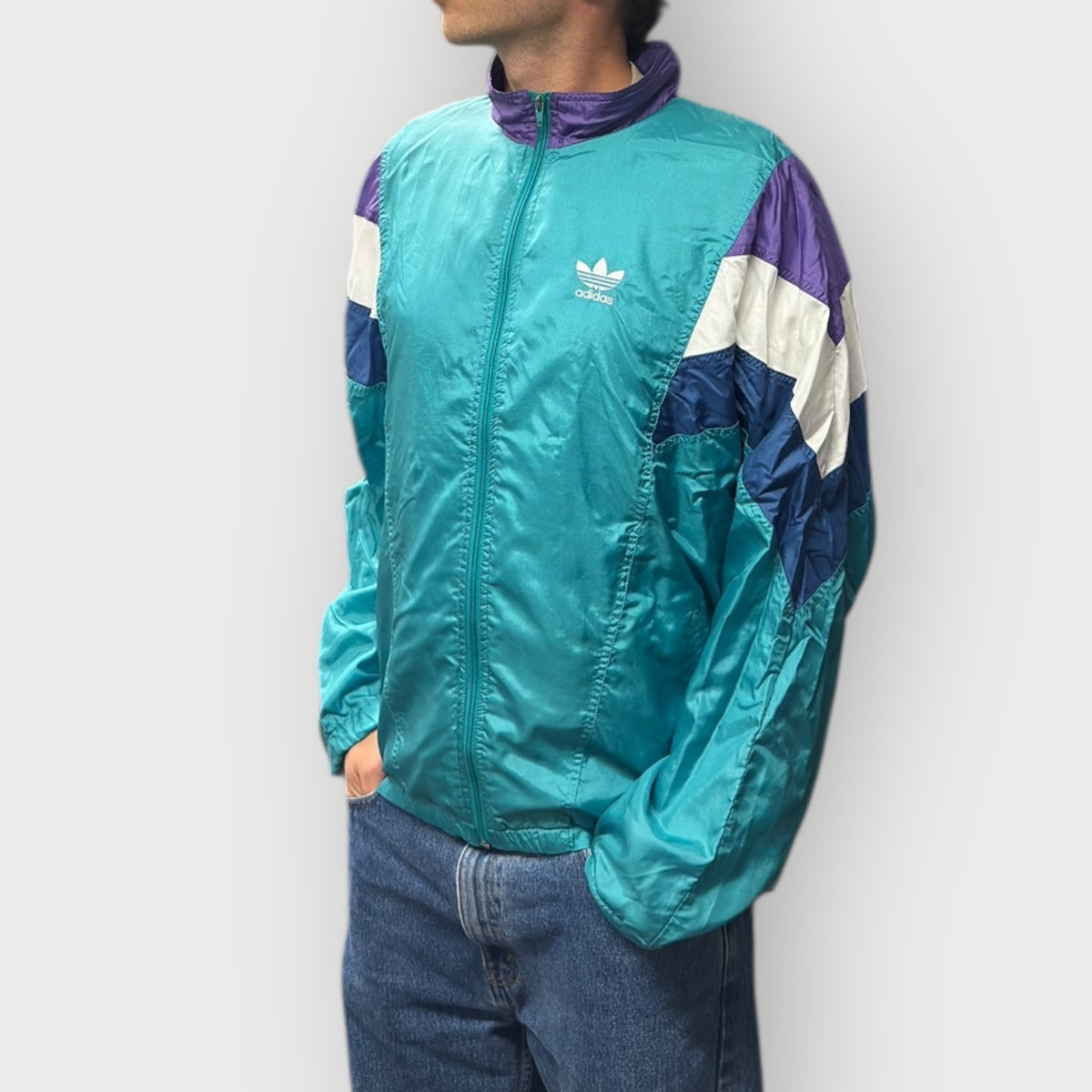 Adidas Vintage Track Jacket Teal Purple White 1990 – getragen bei Paul’s Boutique Zürich, Retro Sportswear Style