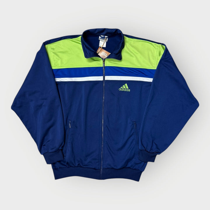 Adidas Vintage Track Jacket Navy Lime 2000s – klassisches Sportswear Outfit fotografiert bei Paul’s Boutique Zürich