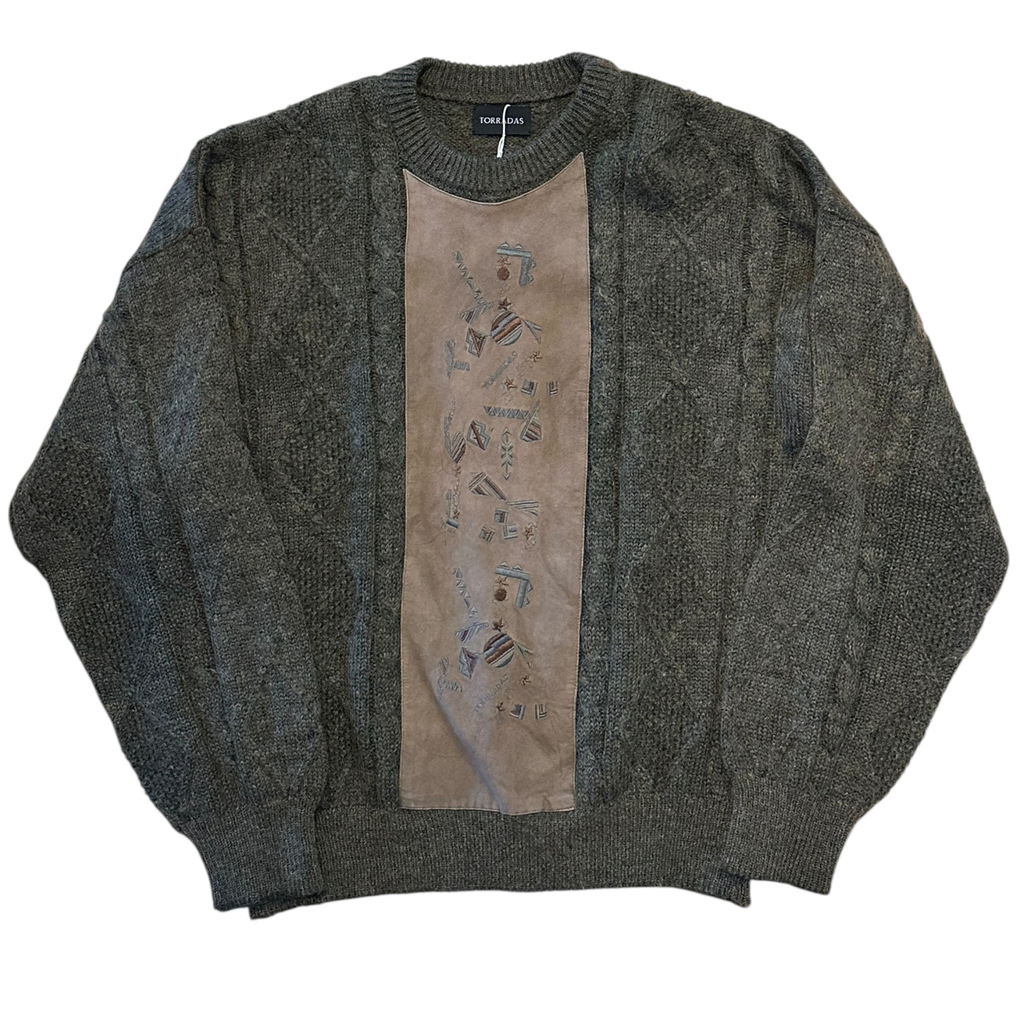 Grüner Strickpullover mit Kunstleder-Panel (L)