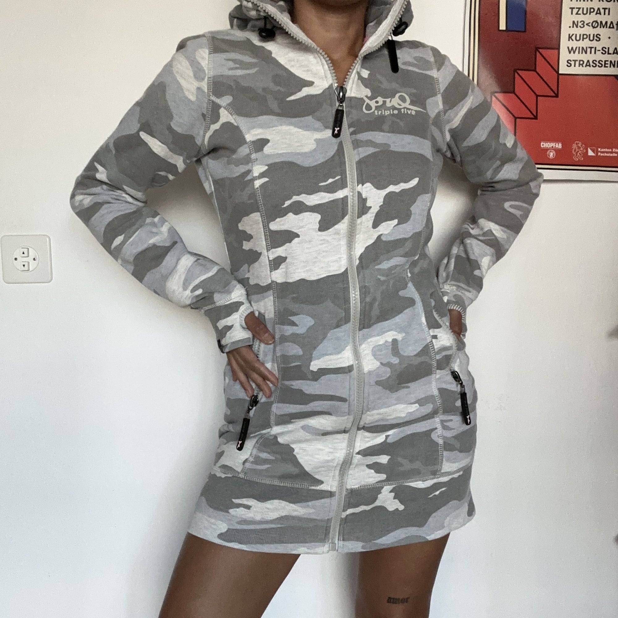 Langer Camo Zip-Hoodie Grau-Weiss
