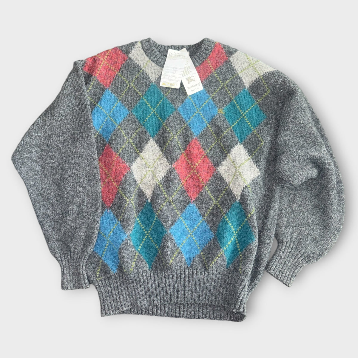 Vintage Burberrys Wollpullover mit Rautenmuster Grau M Vorderseite
