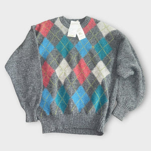 Vintage Burberrys Wollpullover mit Rautenmuster – Grau (M)