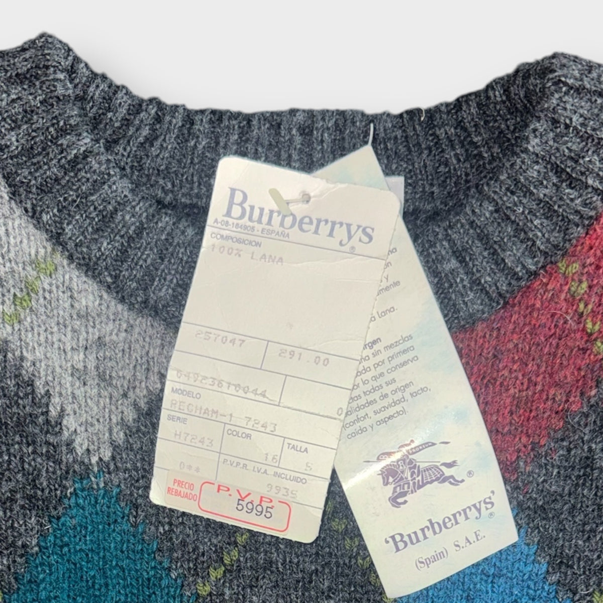 Vintage Burberrys Wollpullover mit Rautenmuster Grau M Originaletiketten