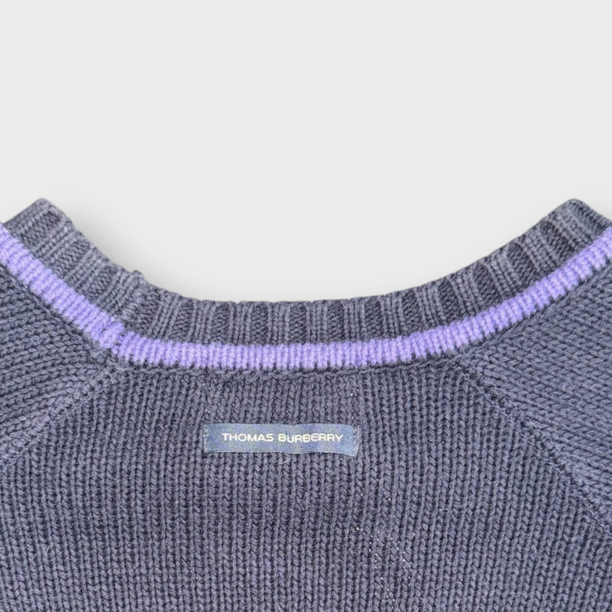Vintage Thomas Burberry Pullover Dunkelgrau Lila M Label Detail